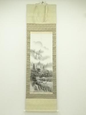 響筆　水墨山水　肉筆絹本掛軸